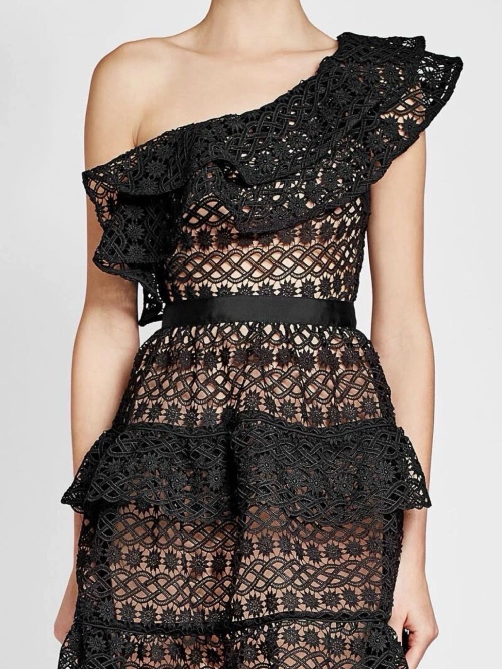 Self-Portrait Guipure Lace One Shoulder Mini Dress Black NWT Size 0